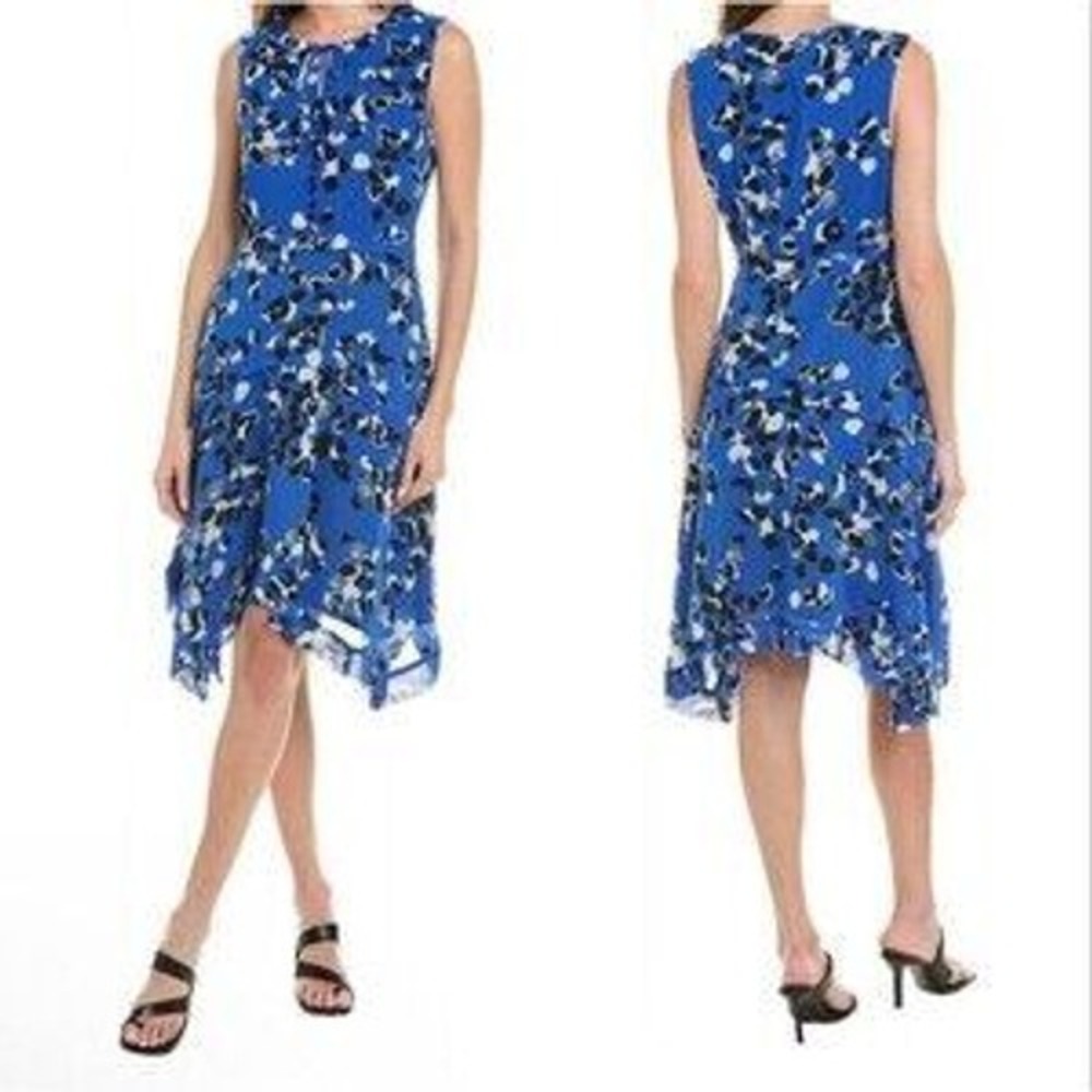 Cabi Dress Untamed Dress M Blue Floral Handkerchief Hem Sleeveless 5576 Work